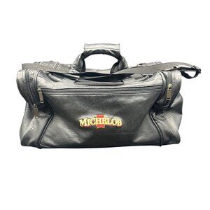 Vintage Michelob Beer Black Leather Duffle Bag Luggage Gym Travel Strap Handles